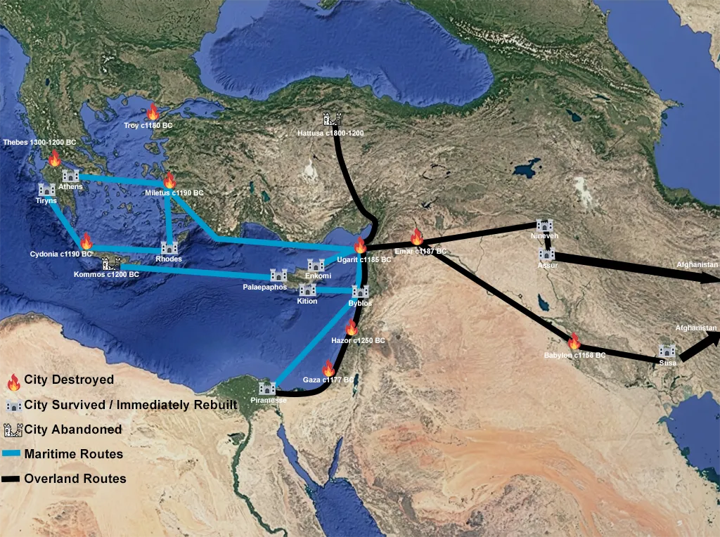 The Strangulation of Bronze Age Trading Networks - Bronze Age Middle East Trading Networks c 1250 BC. Map by Julie Evans
